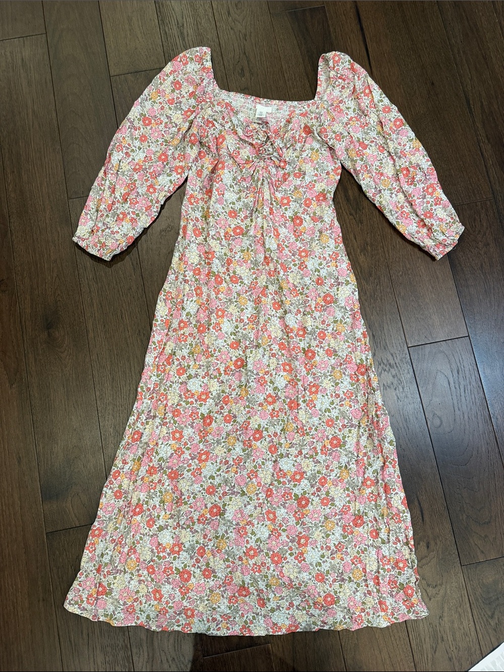 H&M Pink Floral Puff-Sleeve Dress Size Medium - C30-146